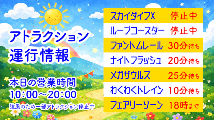遊園地のアトラクションの待ち時間表示の画面イメージ